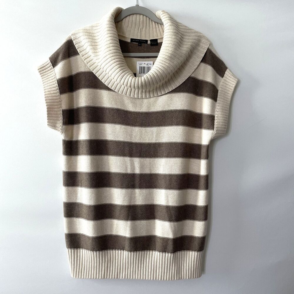 NWT Jeanne Pierre Sweater Vest Cowl Neck Striped Beige Brown Women's Size XL